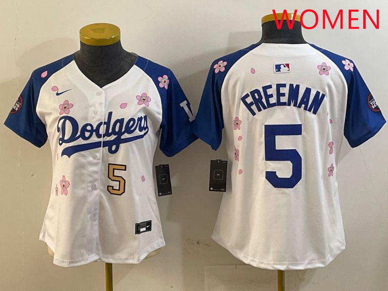 Women Los Angeles Dodgers #5 Freeman White Blue Sakura Edition 2025 Nike MLB Jersey style 6->women mlb jersey->Women Jersey